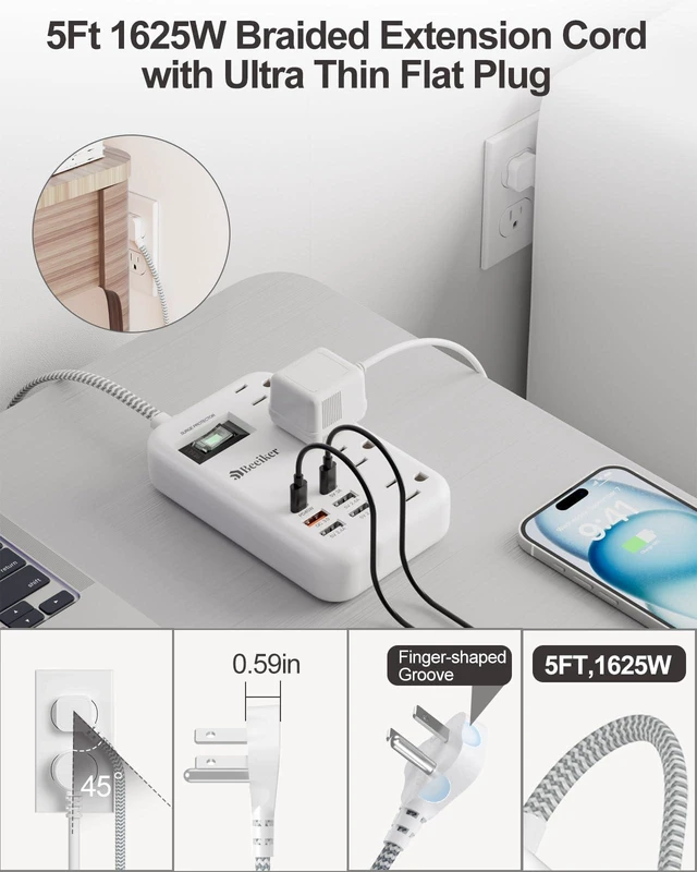 Alt view image 7 of 7 - PD45W USB C Surge Protector Power Strip,6 USB Travel Extension Cord 5Ft 45W,Travel Power Strip,6 USB (2 USB C),4 Outlets,5FT Braided Extension Cord,Flat Plug,Fast Charging for MacBook Laptops iPad