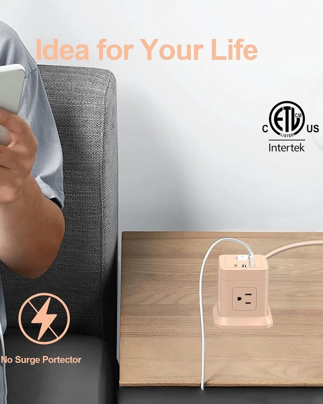 Alt view image 2 of 7 - Cube Power Strip with USB C, 4 Outlets 3 USB 5 FT Extension Cord Pink Flat Plug Design Widely Spaced Outlets with USB C Space Saving Design for Dorm Desk Travel & Bedroom ETL Listed