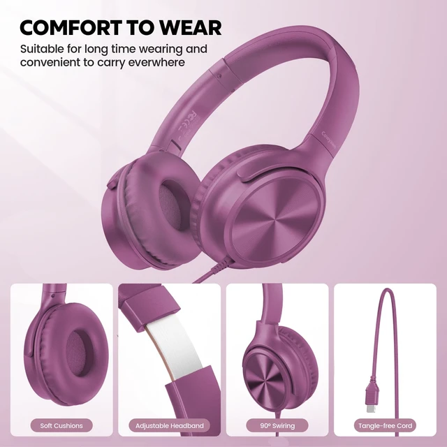 Alt view image 3 of 7 - USB C Headphones Wired, Over Ear USB C Wired Headphones with Microphone, Volume Control, HD Stereo Sound, Foldable USB Type C Headphone for Adult/Teens/Laptop/Computer/iPhone 15/16/17, Voilet