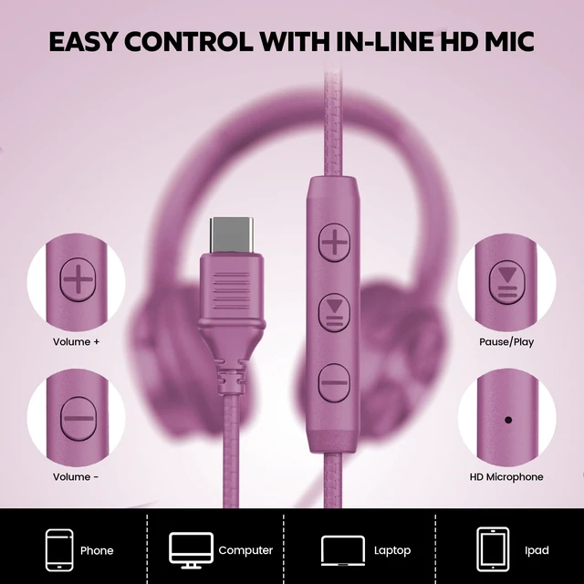 Alt view image 5 of 7 - USB C Headphones Wired, Over Ear USB C Wired Headphones with Microphone, Volume Control, HD Stereo Sound, Foldable USB Type C Headphone for Adult/Teens/Laptop/Computer/iPhone 15/16/17, Voilet