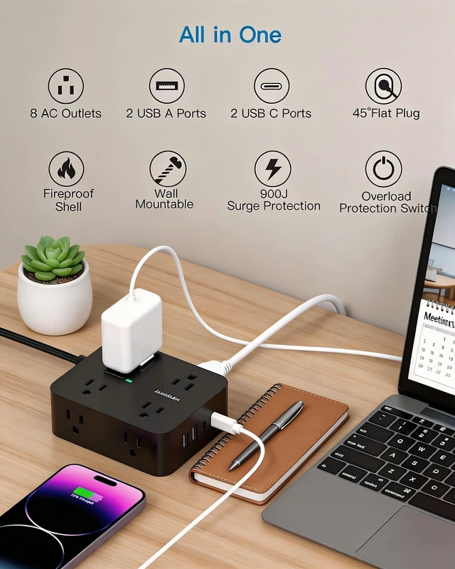 Alt view image 2 of 7 - Power Strip Surge Protector, Extension Cord with 8 Widely Spaced AC Outlets 4 USB Ports (2 USB C), 5 Ft Heavy Duty Round Power Cord, 1080 Joules, Wall Mount Charging Station for Home Office Desk