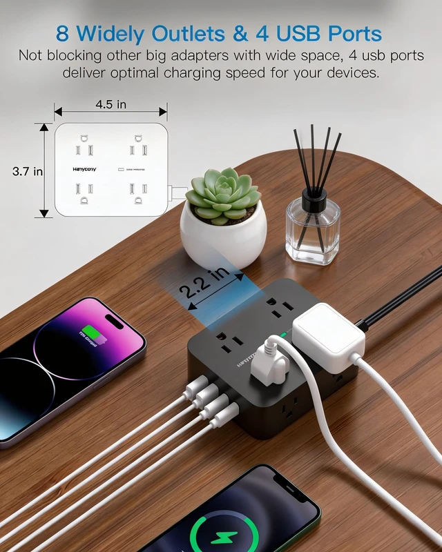 Alt view image 4 of 7 - Power Strip Surge Protector, Extension Cord with 8 Widely Spaced AC Outlets 4 USB Ports (2 USB C), 5 Ft Heavy Duty Round Power Cord, 1080 Joules, Wall Mount Charging Station for Home Office Desk