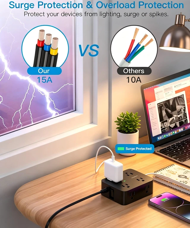 Alt view image 5 of 7 - Power Strip Surge Protector, Extension Cord with 8 Widely Spaced AC Outlets 4 USB Ports (2 USB C), 5 Ft Heavy Duty Round Power Cord, 1080 Joules, Wall Mount Charging Station for Home Office Desk