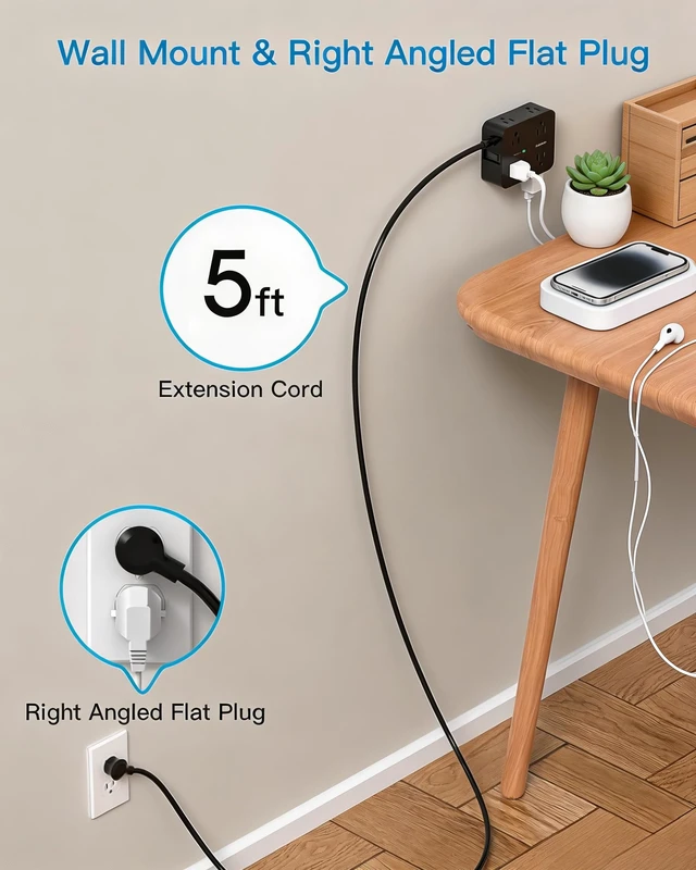 Alt view image 6 of 7 - Power Strip Surge Protector, Extension Cord with 8 Widely Spaced AC Outlets 4 USB Ports (2 USB C), 5 Ft Heavy Duty Round Power Cord, 1080 Joules, Wall Mount Charging Station for Home Office Desk