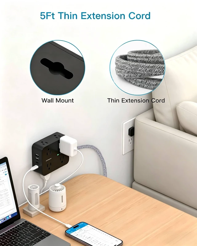 Alt view image 6 of 7 - Power Strip Surge Protector, 5 Ft Flat Extension Cord with Multiple Outlets Ultra-Thin Flat Plug Braided Cord, 4 USB Ports(2 USB C), Multi Plug Outlet Extender Wall Mount for Home Office Desk