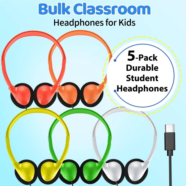 Alt view image 2 of 7 - 5 Pack Kids Headphones Bulk Type-C, USB C Wired Headphones for School Classroom, Wholesale Children Student Headset for Chromebook Laptop PC, Mixed Colors
