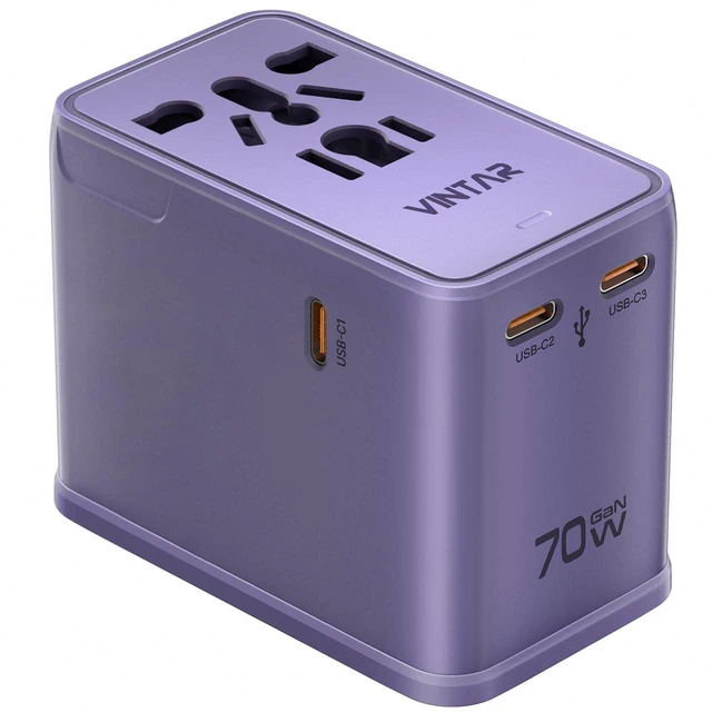 Main image of Universal Travel Adapter 70W GaN, 5-in-1 with 3USB-C PD & 1USB-A QC International Power Adapter, Fast Charging for Laptops/Tablets/Phones, All-in-One Travel Essentials for EU/UK/US/AU, Purple