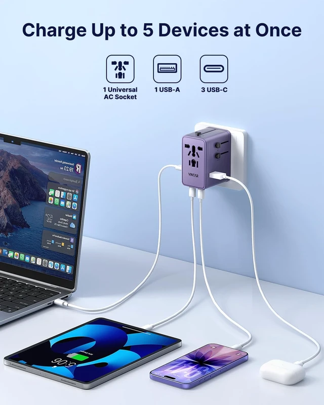 Alt view image 4 of 6 - Universal Travel Adapter 70W GaN, 5-in-1 with 3USB-C PD & 1USB-A QC International Power Adapter, Fast Charging for Laptops/Tablets/Phones, All-in-One Travel Essentials for EU/UK/US/AU, Purple