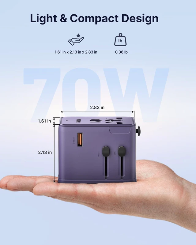 Alt view image 5 of 6 - Universal Travel Adapter 70W GaN, 5-in-1 with 3USB-C PD & 1USB-A QC International Power Adapter, Fast Charging for Laptops/Tablets/Phones, All-in-One Travel Essentials for EU/UK/US/AU, Purple