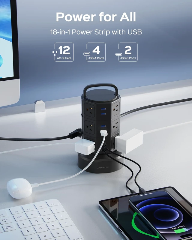Alt view image 2 of 7 - Power Strip Tower Surge Protector, 12 AC 6 USB (2 USB C), 1050J 6.5Ft Retractable Extension Cord with Multiple Outlets, 1625W/13A Outlet Extender, USB Charging Station for Home Office Dorm