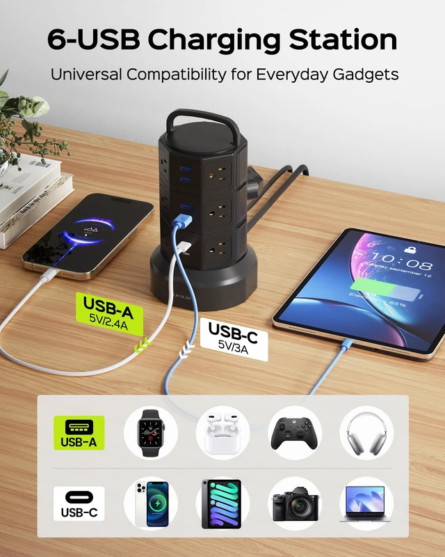 Alt view image 5 of 7 - Power Strip Tower Surge Protector, 12 AC 6 USB (2 USB C), 1050J 6.5Ft Retractable Extension Cord with Multiple Outlets, 1625W/13A Outlet Extender, USB Charging Station for Home Office Dorm