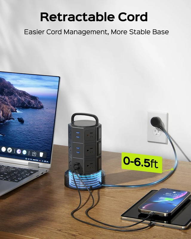 Alt view image 3 of 7 - Power Strip Tower Surge Protector, 12 AC 6 USB (2 USB C), 1050J 6.5Ft Retractable Extension Cord with Multiple Outlets, 1625W/13A Outlet Extender, USB Charging Station for Home Office Dorm