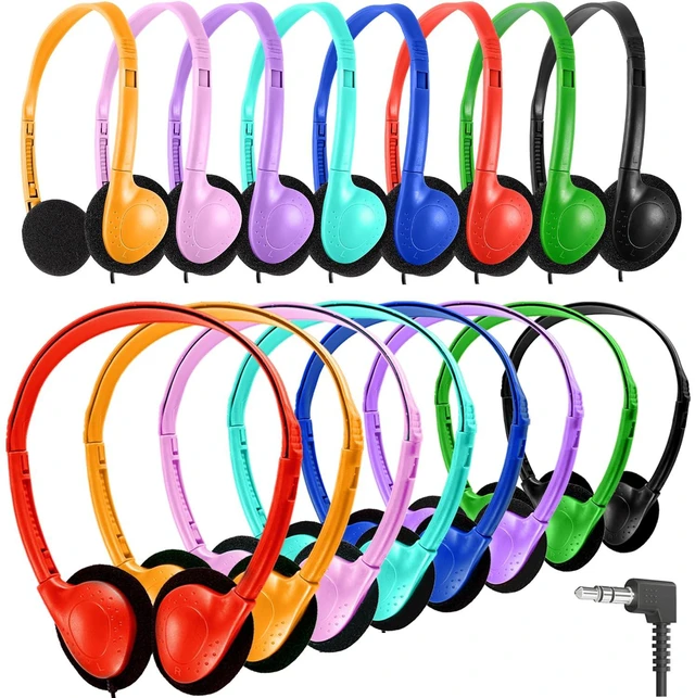 Main image of Bulk Headphones 25 Pack for Kids School Classroom, Wholesale Wired Adjustable On Ear Earphones Class Set for Students Children Toddler Teens Boys Girls and Adult Computer 3.5mm Jack (HY857,25 Mixed)