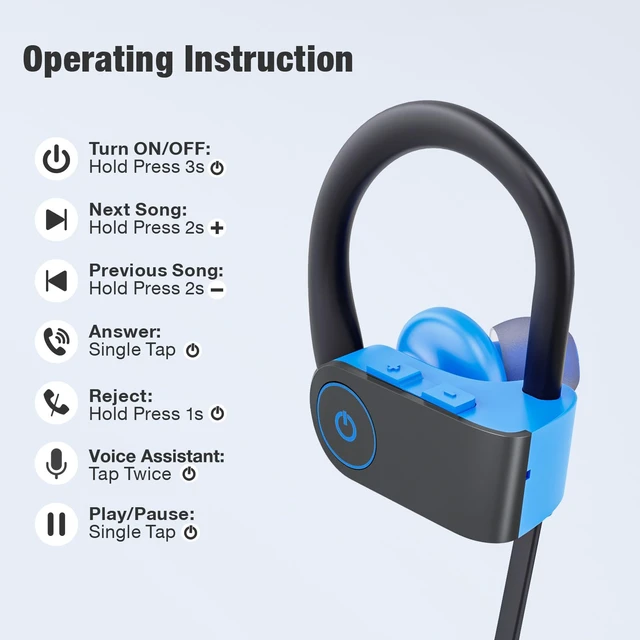 Alt view image 2 of 7 - Bluetooth Headphones, Wireless Headphones 16H Playtime Wireless Earbuds with Mic Stereo in-Ear Earphones, IPX7 Waterproof Sports Headphone Sound Isolation Headsets for Running, Workout Blue
