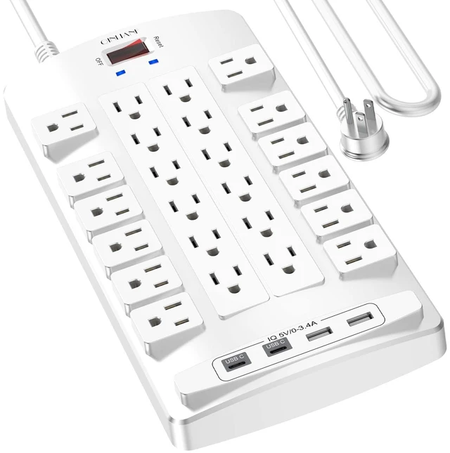 Main image of Surge Protector Power Strip - 10Ft Flat Plug Heavy Duty Extension Cord with 24 Outlets and 4 USB Ports(2 USB-C Ports), 4100J, for Home, Office, Dorm, ETL Listed, White
