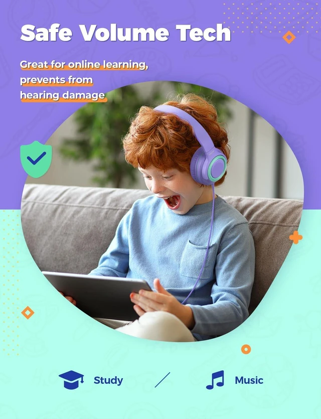 Alt view image 3 of 6 - HS22 2-Pack Kids Headphones with Sharing Splitter for School Travel SafeSound Tech3.0, Share Audio, Tangle-Free, 3.5mm Jack, Foldable, Stereo Sound, Wired Headphones for Kids, Purple & Green