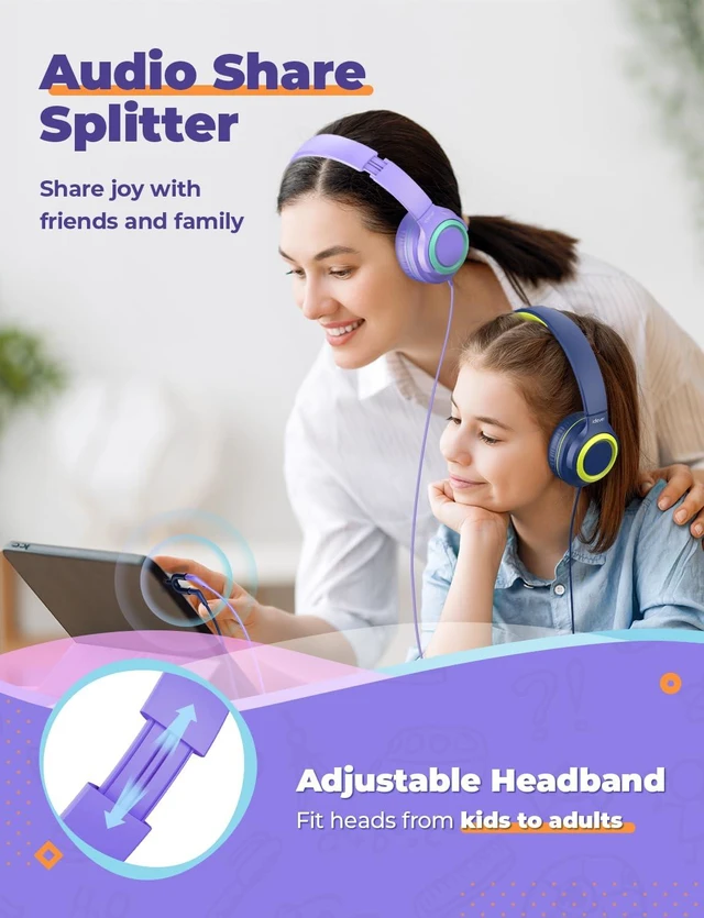 Alt view image 2 of 6 - HS22 2-Pack Kids Headphones with Sharing Splitter for School Travel SafeSound Tech3.0, Share Audio, Tangle-Free, 3.5mm Jack, Foldable, Stereo Sound, Wired Headphones for Kids, Purple & Green