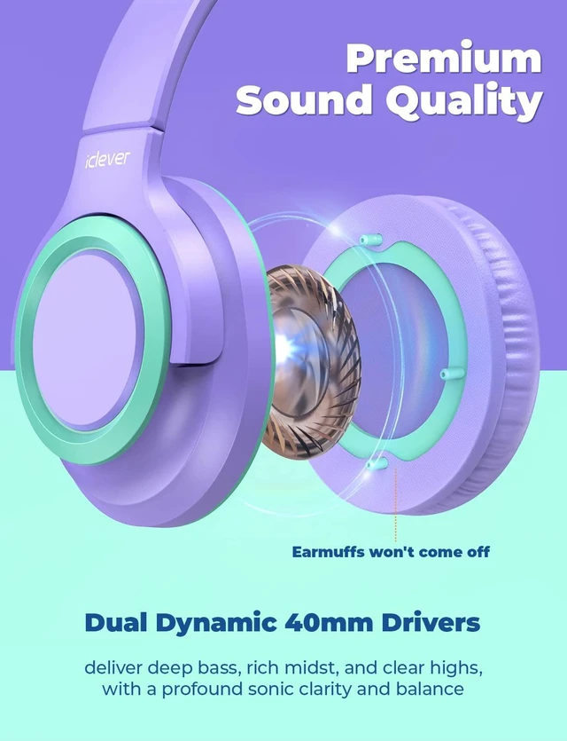 Alt view image 4 of 6 - HS22 2-Pack Kids Headphones with Sharing Splitter for School Travel SafeSound Tech3.0, Share Audio, Tangle-Free, 3.5mm Jack, Foldable, Stereo Sound, Wired Headphones for Kids, Purple & Green