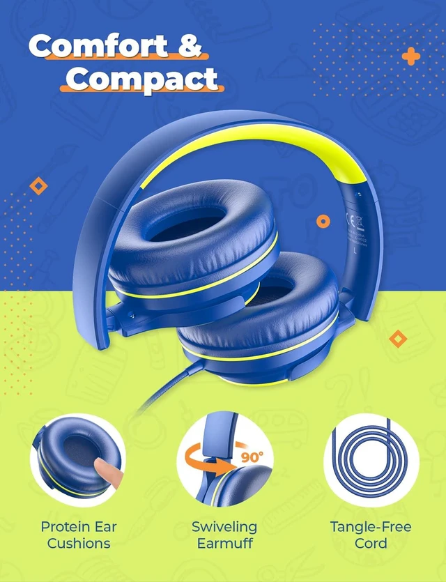 Alt view image 5 of 6 - HS22 2-Pack Kids Headphones with Sharing Splitter for School Travel SafeSound Tech3.0, Share Audio, Tangle-Free, 3.5mm Jack, Foldable, Stereo Sound, Wired Headphones for Kids, Purple & Green