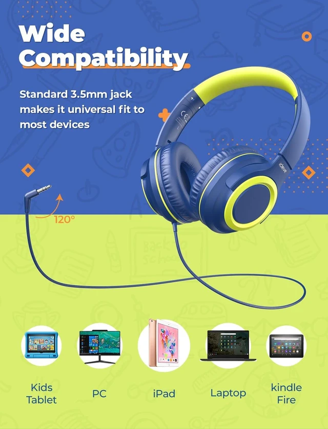 Alt view image 6 of 6 - HS22 2-Pack Kids Headphones with Sharing Splitter for School Travel SafeSound Tech3.0, Share Audio, Tangle-Free, 3.5mm Jack, Foldable, Stereo Sound, Wired Headphones for Kids, Purple & Green