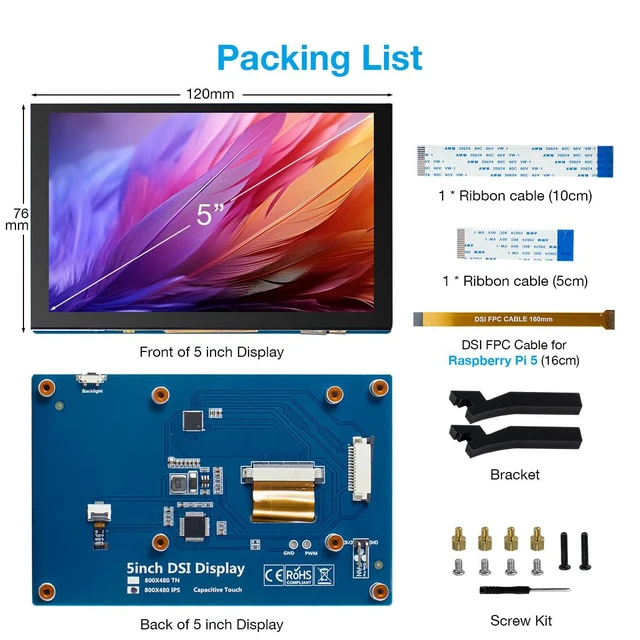 Alt view image 7 of 7 - 5 Inch Touchscreen IPS MIPI DSI Display Compatible with Raspberry Pi 5/4/3, 800x480 Pixel Capacitive Screen Driver-Free Interface