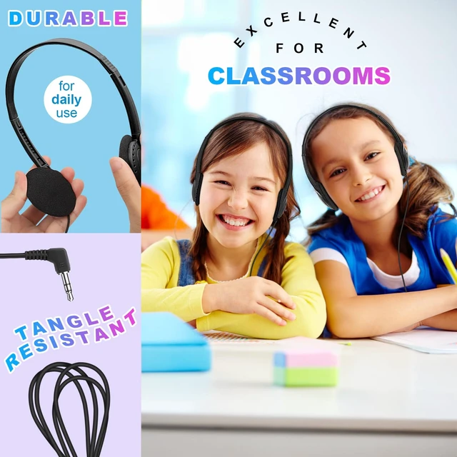Alt view image 2 of 7 - Bulk Headphones 100 Pack for Kids School Classroom, Wholesale Wired Adjustable On Ear Earphones Class Set for Students Children Toddler Teens Boys Girls and Adult (HY103, 100 Black)