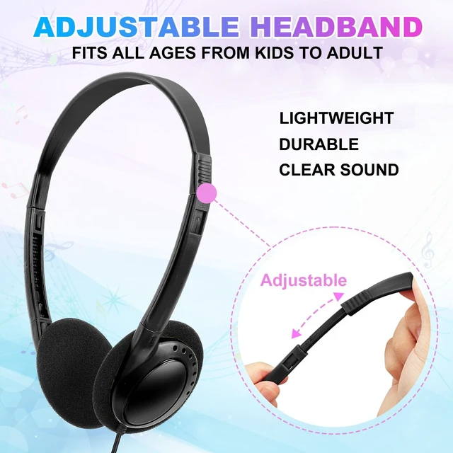 Alt view image 3 of 7 - Bulk Headphones 100 Pack for Kids School Classroom, Wholesale Wired Adjustable On Ear Earphones Class Set for Students Children Toddler Teens Boys Girls and Adult (HY103, 100 Black)