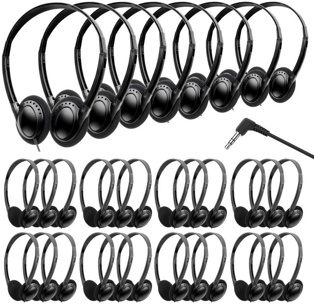 Main image of Bulk Headphones 100 Pack for Kids School Classroom, Wholesale Wired Adjustable On Ear Earphones Class Set for Students Children Toddler Teens Boys Girls and Adult (HY103, 100 Black)