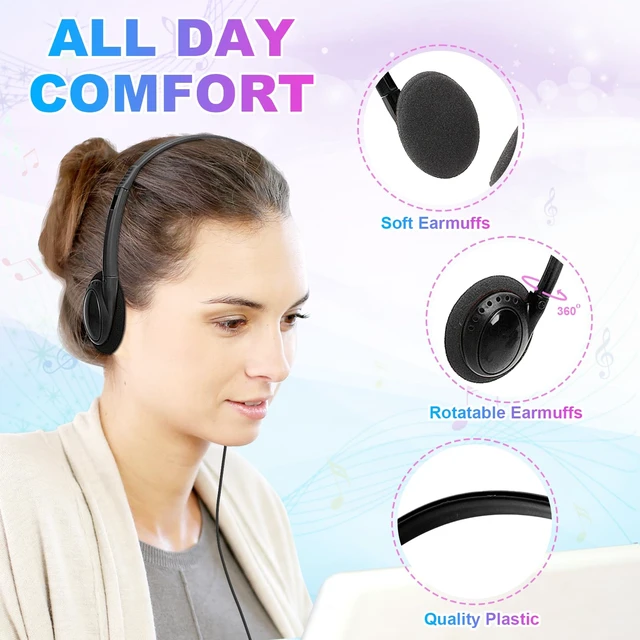 Alt view image 4 of 7 - Bulk Headphones 100 Pack for Kids School Classroom, Wholesale Wired Adjustable On Ear Earphones Class Set for Students Children Toddler Teens Boys Girls and Adult (HY103, 100 Black)