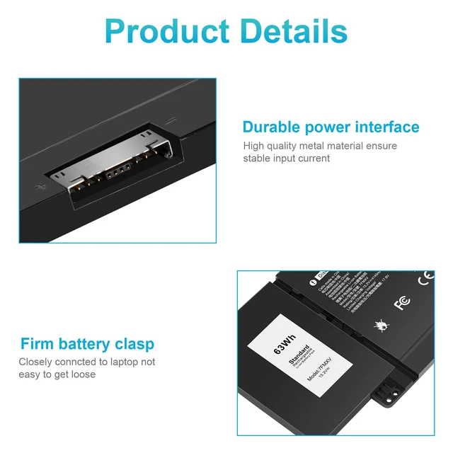 Alt view image 5 of 7 - 7FMXV Battery Replacement for Dell Latitude 5320 7320 7420 7520 Series TN2GY 0TN2GY 9JM71 4M1JN 1PP63 727CG HDGJ8 MHR4G CN-0727CG CN-0TN2GY