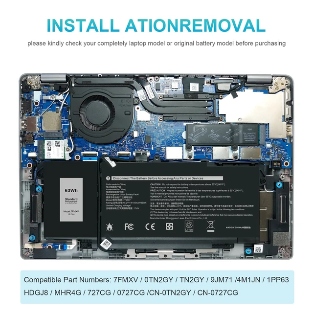 Alt view image 7 of 7 - 7FMXV Battery Replacement for Dell Latitude 5320 7320 7420 7520 Series TN2GY 0TN2GY 9JM71 4M1JN 1PP63 727CG HDGJ8 MHR4G CN-0727CG CN-0TN2GY
