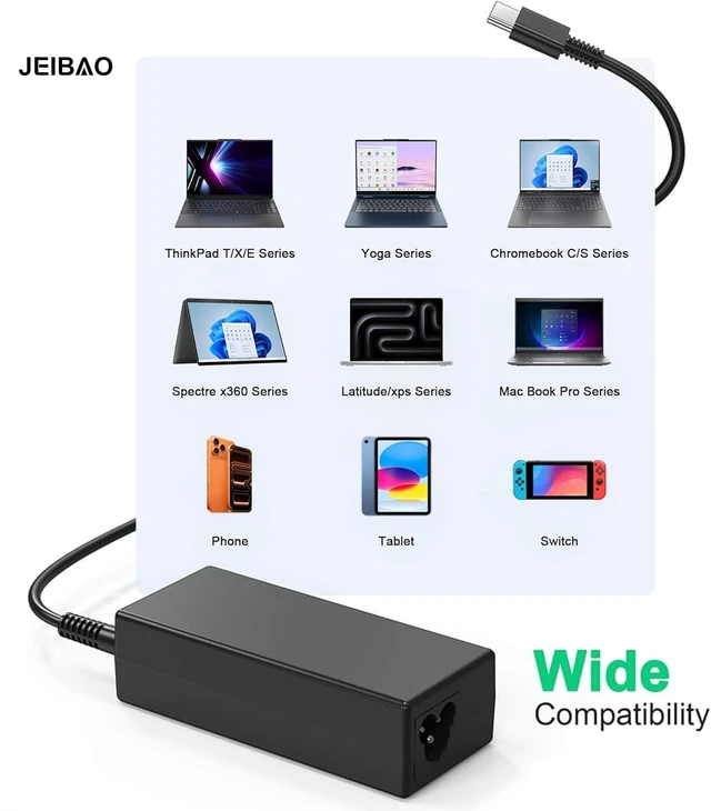 Alt view image 2 of 7 - Universal 65W USB C Type C AC Adapter Laptop Charger Compatible with Lenovo ThinkPad X1 T14 T15 E14 E15 T480s T580s T490 E580 E590 Yoga 7i 9i C930 C940 S730 920 720 Chromebook C330 S330