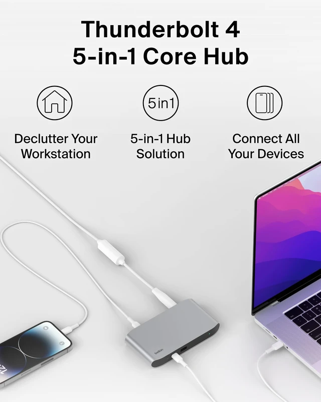 Alt view image 2 of 6 - Connect Thunderbolt 4 Docking Station, 5-in-1 USB-C Multiport Core Hub w/ 96W Power Delivery for Mac, Windows, Single 8K or Dual 4K Display, Thunderbolt 4 Cable & Power Supply Included