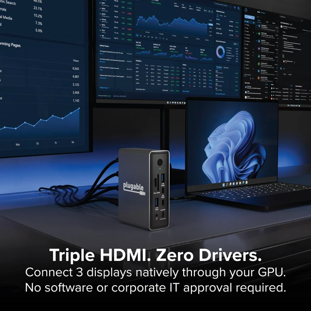 Alt view image 2 of 7 - USB-C Triple Display Laptop Docking Station 3 Monitors, 15-in-1: 3X HDMI, Dual 4K or Triple (1x 4K60 + 2X 1080p) 2.5GbE, 100W PD, 30W USB-C Charge Port, Driverless for Windows, UD-MSTH3