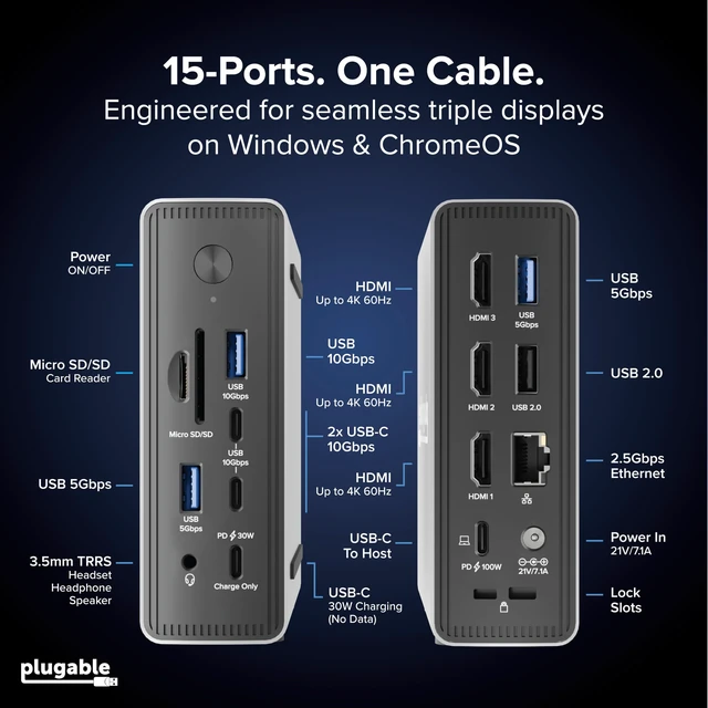 Alt view image 4 of 7 - USB-C Triple Display Laptop Docking Station 3 Monitors, 15-in-1: 3X HDMI, Dual 4K or Triple (1x 4K60 + 2X 1080p) 2.5GbE, 100W PD, 30W USB-C Charge Port, Driverless for Windows, UD-MSTH3