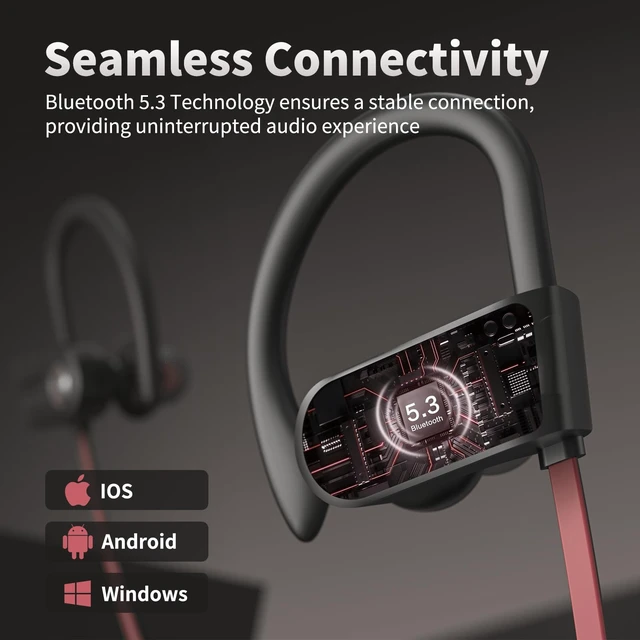 Alt view image 2 of 7 - Wireless Bluetooth 5.3 Wireless Headphones with 16Hrs Long Playtime Stereo IPX7 Waterproof in-Ear Earphones, Noise Cancelling Headphones for Running, Black&Pink