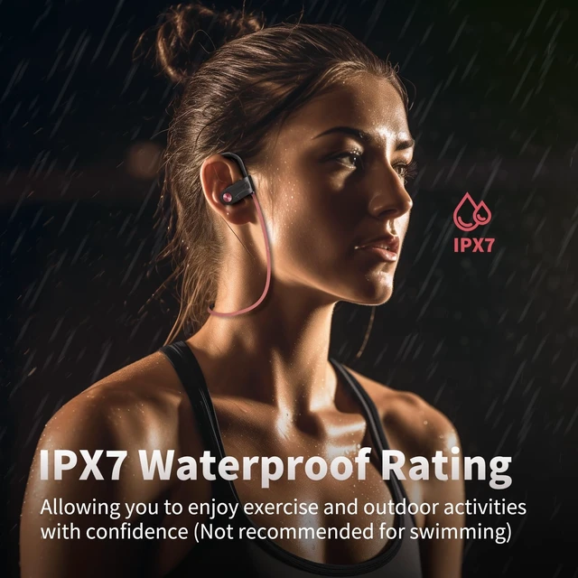 Alt view image 3 of 7 - Wireless Bluetooth 5.3 Wireless Headphones with 16Hrs Long Playtime Stereo IPX7 Waterproof in-Ear Earphones, Noise Cancelling Headphones for Running, Black&Pink