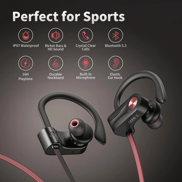 Alt view image 6 of 7 - Wireless Bluetooth 5.3 Wireless Headphones with 16Hrs Long Playtime Stereo IPX7 Waterproof in-Ear Earphones, Noise Cancelling Headphones for Running, Black&Pink