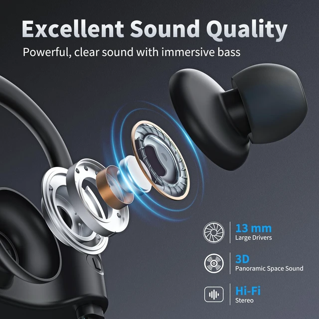 Alt view image 4 of 7 - Wireless Headphones Bluetooth 5.3 Headphones with 16 Hours Playtime, Over-Ear Stereo Bass Earphones with Earhooks Headset, Sports Earbuds with Storage Bag for Running, Blue