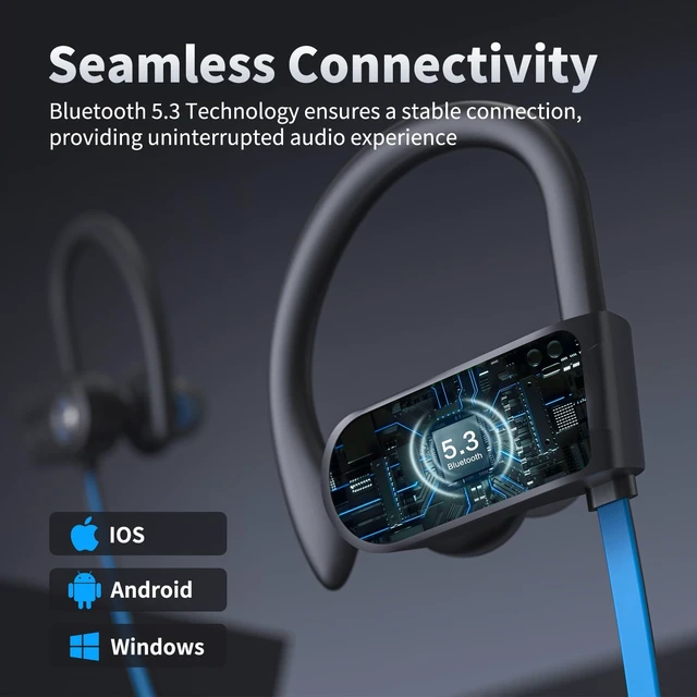 Alt view image 6 of 7 - Wireless Headphones Bluetooth 5.3 Headphones with 16 Hours Playtime, Over-Ear Stereo Bass Earphones with Earhooks Headset, Sports Earbuds with Storage Bag for Running, Blue