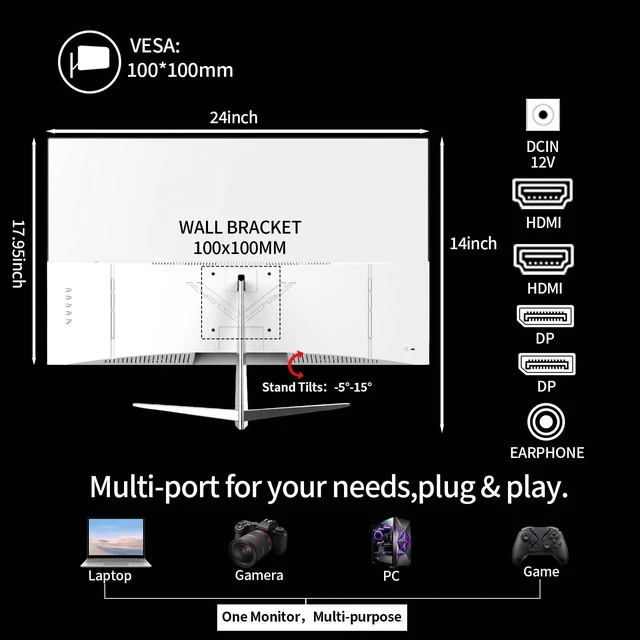 Alt view image 4 of 7 - 27 inch White Gaming Monitor,240-300Hz Curved Monitor,Full HD 1080P Computer Monitor,Eye-Care Display with HDMI,DP,FreeSync,Wall Mountable for Office and Home