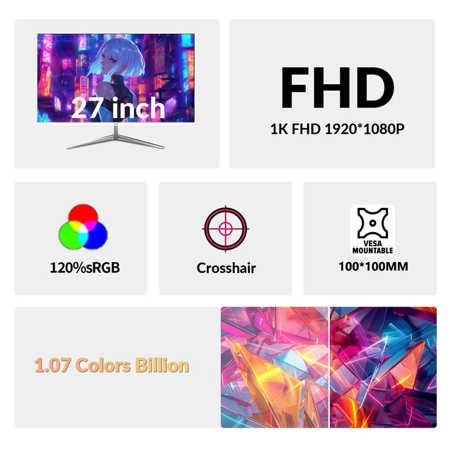 Alt view image 6 of 7 - 27 inch White Gaming Monitor,240-300Hz Curved Monitor,Full HD 1080P Computer Monitor,Eye-Care Display with HDMI,DP,FreeSync,Wall Mountable for Office and Home