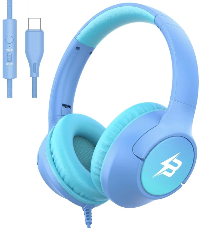 Main image of USB C Headphones Wired for Kids, 85/94dB Volume Limit With Mic, Light Blue Kid Headphones for School, Wired Over Ear USBC Plug in Corded Headphones for Boys Girl Toddler, iPad, Tablet, Airplane Travel