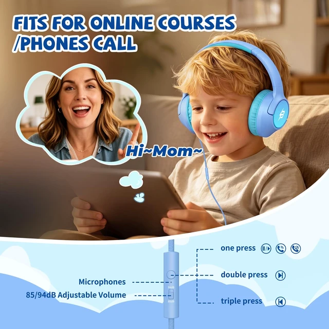 Alt view image 2 of 7 - USB C Headphones Wired for Kids, 85/94dB Volume Limit With Mic, Light Blue Kid Headphones for School, Wired Over Ear USBC Plug in Corded Headphones for Boys Girl Toddler, iPad, Tablet, Airplane Travel