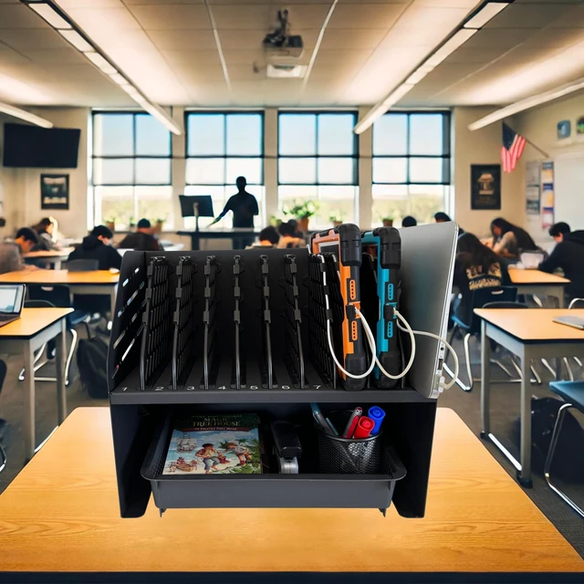 Alt view image 2 of 7 - 10-Device Laptop & Tablet Charging Station with 6 AC & 4 USB Fast Charging for Chromebooks, iPads & Devices up to 15.6", Ideal for Classrooms, Schools, Offices & Libraries,Black