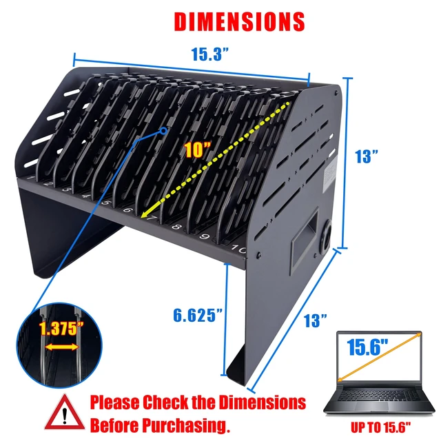 Alt view image 3 of 7 - 10-Device Laptop & Tablet Charging Station with 6 AC & 4 USB Fast Charging for Chromebooks, iPads & Devices up to 15.6", Ideal for Classrooms, Schools, Offices & Libraries,Black