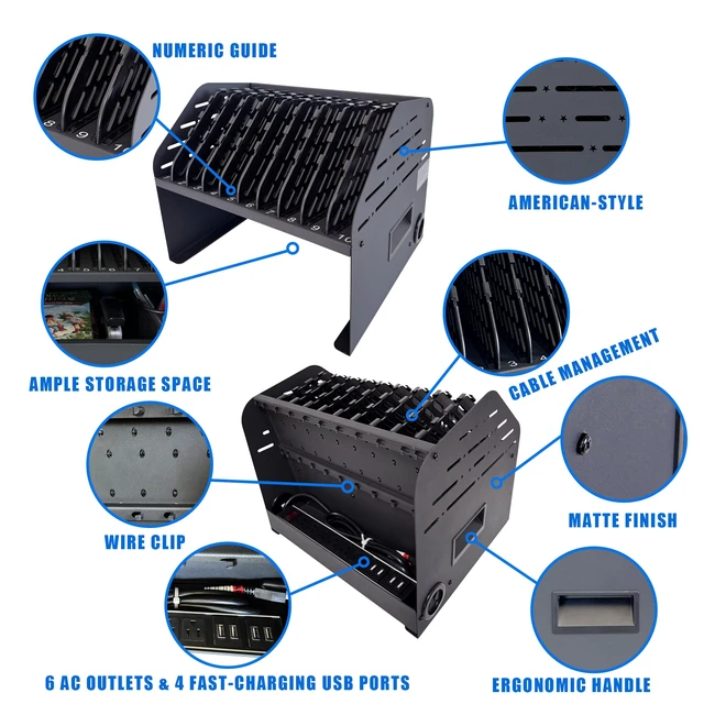 Alt view image 4 of 7 - 10-Device Laptop & Tablet Charging Station with 6 AC & 4 USB Fast Charging for Chromebooks, iPads & Devices up to 15.6", Ideal for Classrooms, Schools, Offices & Libraries,Black
