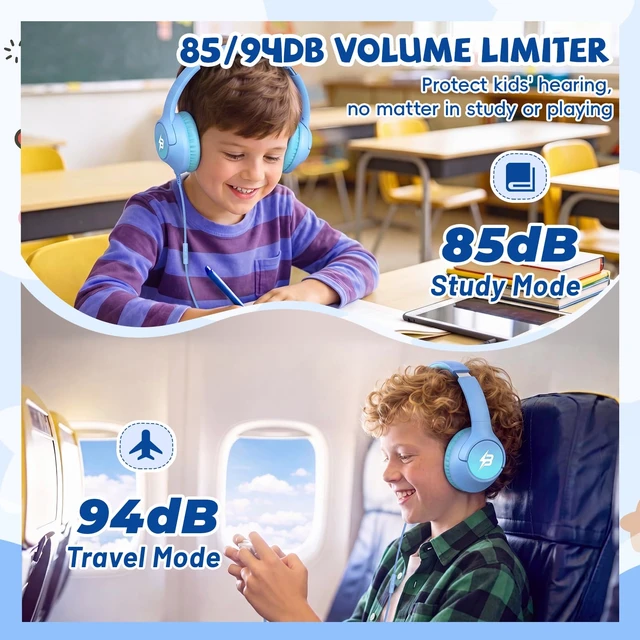 Alt view image 3 of 7 - USB C Headphones Wired for Kids, 85/94dB Volume Limit With Mic, Light Blue Kid Headphones for School, Wired Over Ear USBC Plug in Corded Headphones for Boys Girl Toddler, iPad, Tablet, Airplane Travel