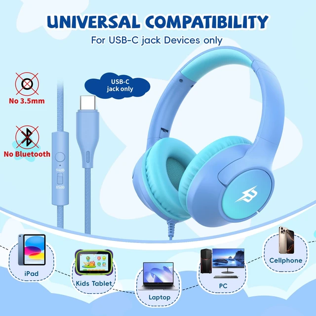 Alt view image 4 of 7 - USB C Headphones Wired for Kids, 85/94dB Volume Limit With Mic, Light Blue Kid Headphones for School, Wired Over Ear USBC Plug in Corded Headphones for Boys Girl Toddler, iPad, Tablet, Airplane Travel