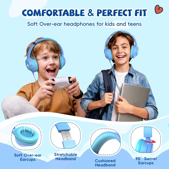 Alt view image 5 of 7 - USB C Headphones Wired for Kids, 85/94dB Volume Limit With Mic, Light Blue Kid Headphones for School, Wired Over Ear USBC Plug in Corded Headphones for Boys Girl Toddler, iPad, Tablet, Airplane Travel
